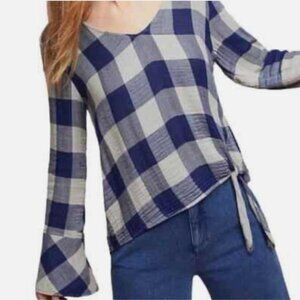 Anthropologie Cloth and Stone Plaid Front Tie Top Blouse Bell Sleeve Size L